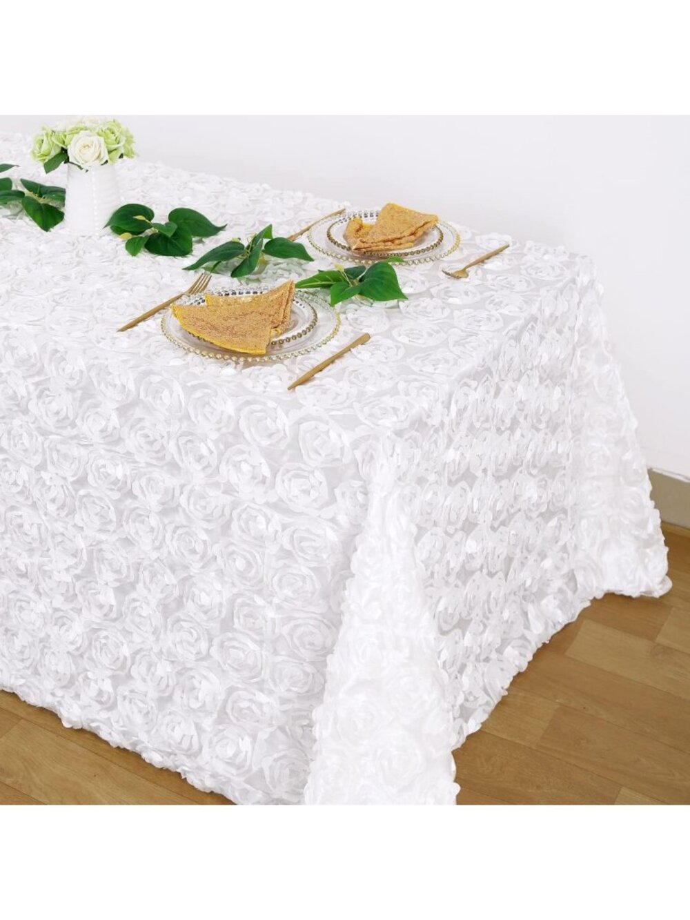 Elegant 3D Floral Rosette Satin Tablecloth 90"x132" for Weddings & Events